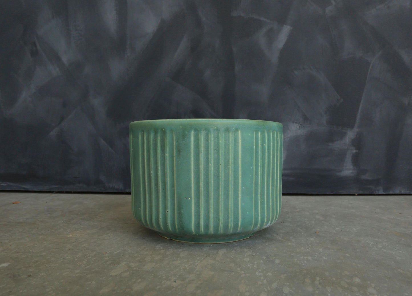 Vintage Mid Century Modern matte green ribbed California pottery ceramic planter pot