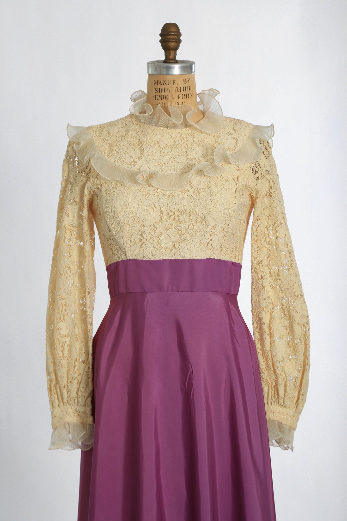 Vintage 70s ivory crochet lace purple ruffle Maxi dress