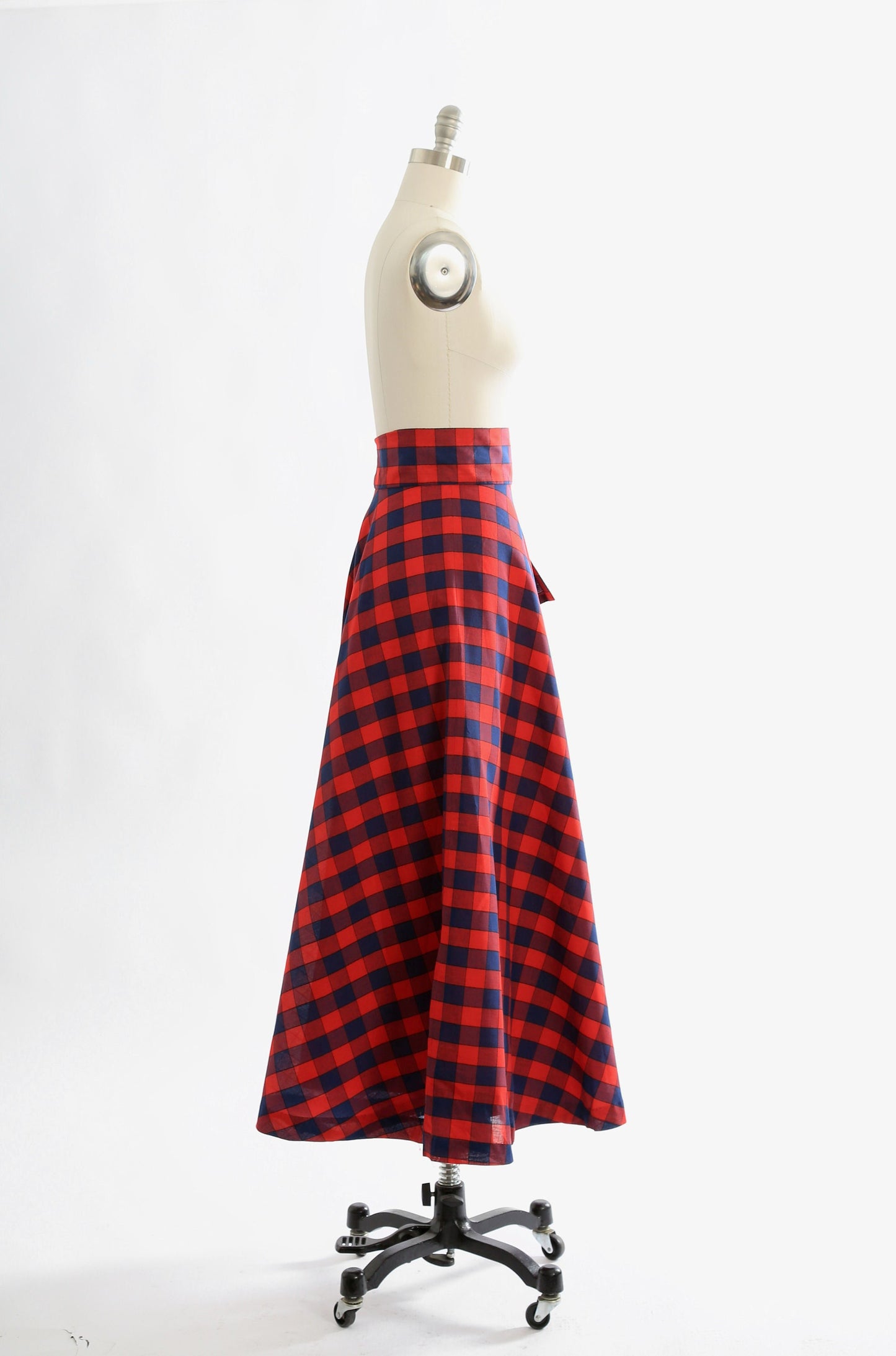 60s Anne Klein maxi skirt | Vintage 1960s red + blue plaid bow skirt