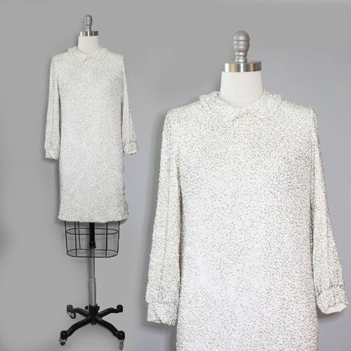 60s Couture beaded dress | Vintage 1960s Glam Heavily silver Beaded white Mod Couture Dress