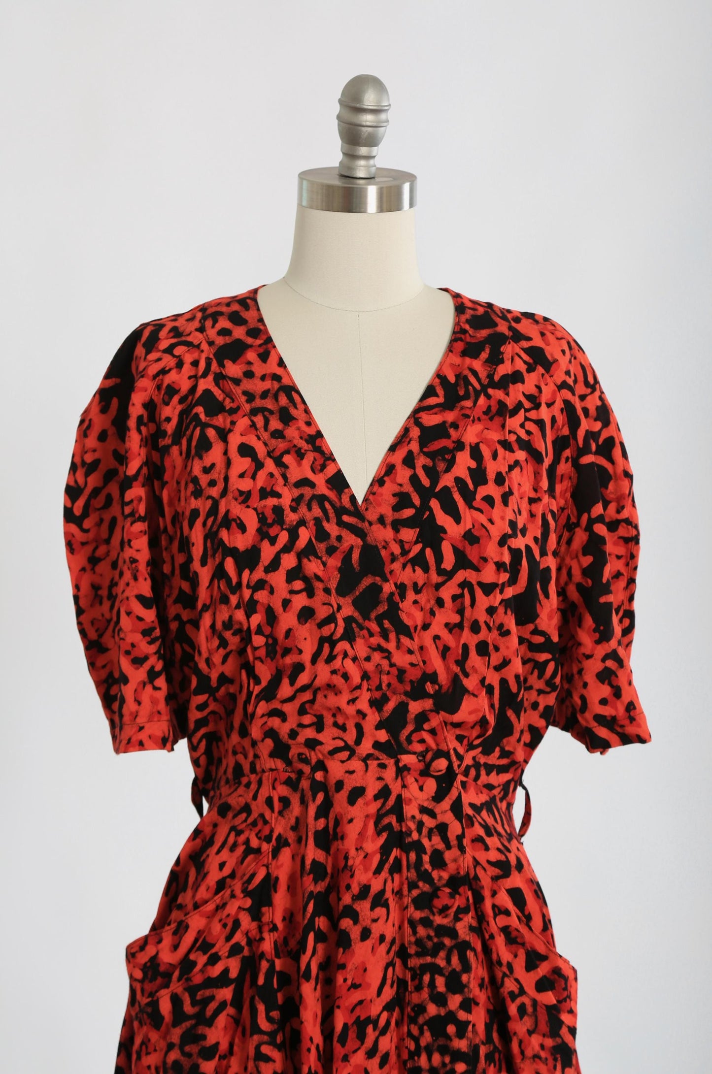 80s Coral hand stamped batik tropical wrap dress
