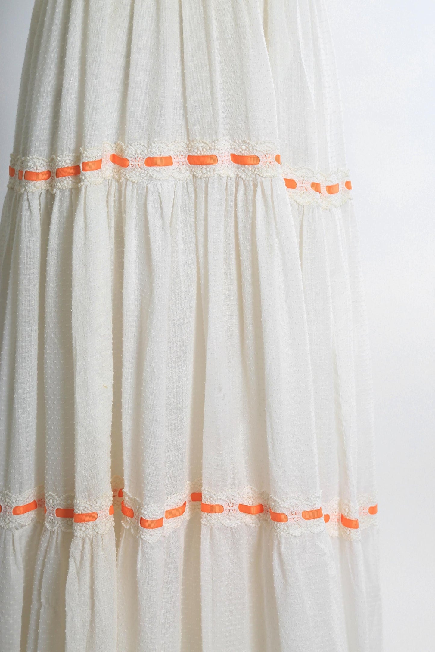 Vintage 70s white cotton Swiss got orange maxi dress