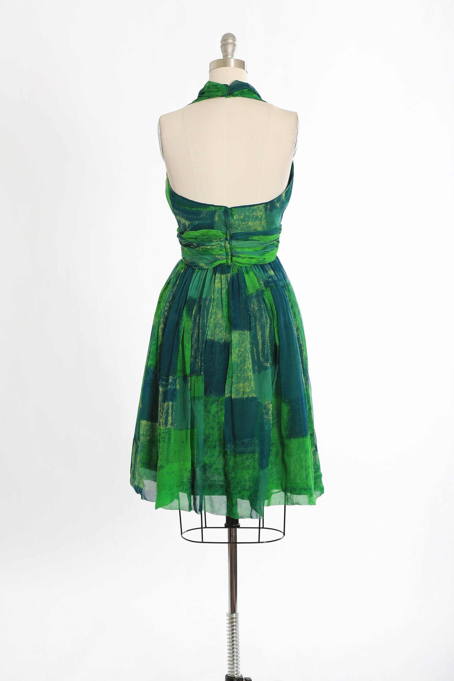 Vintage 50s green silk halter dress | 1950s Jon McCauley abstract silk dress