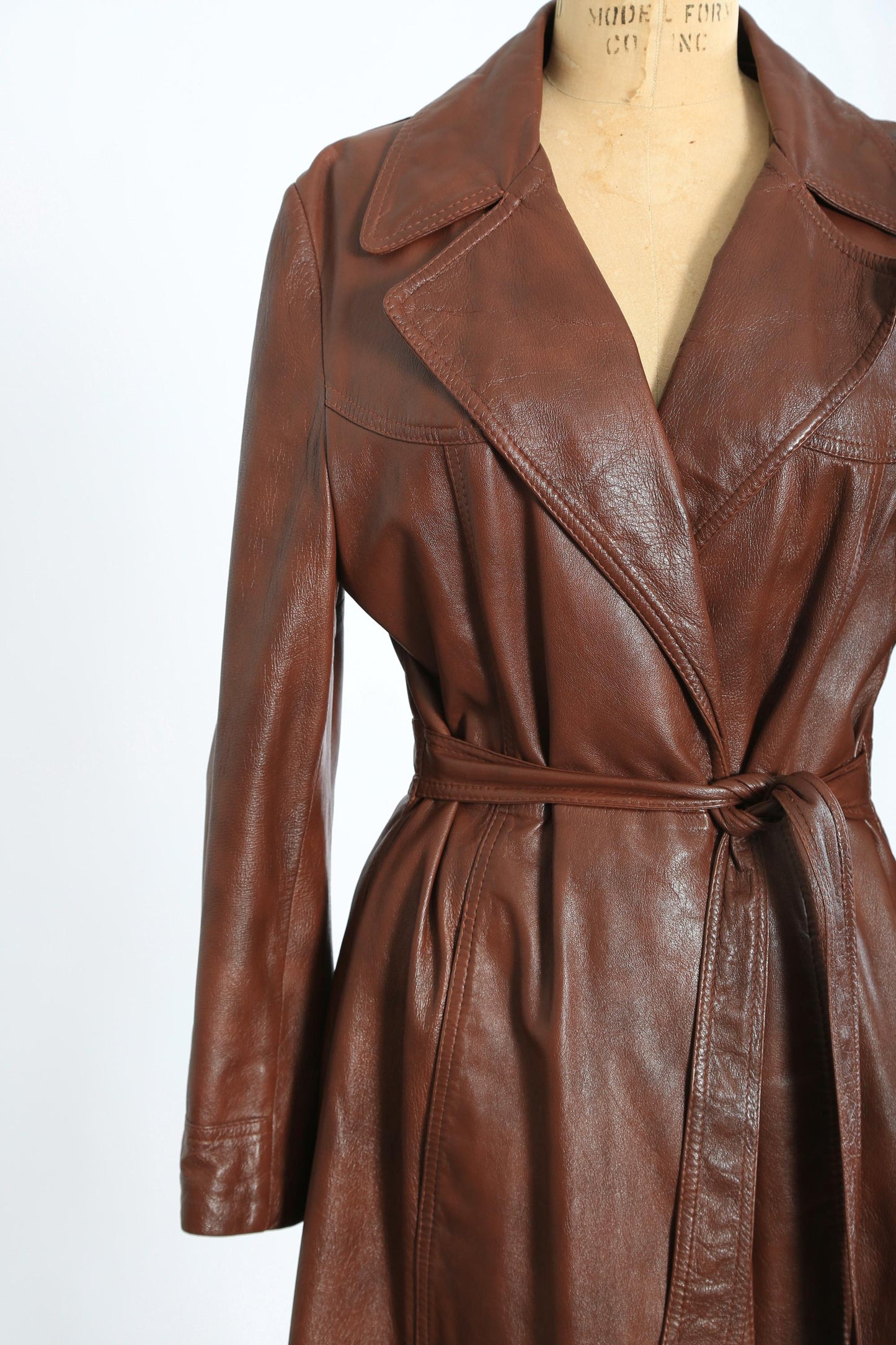 Leather trench coat | Vintage 70s brown leather belted trench coat