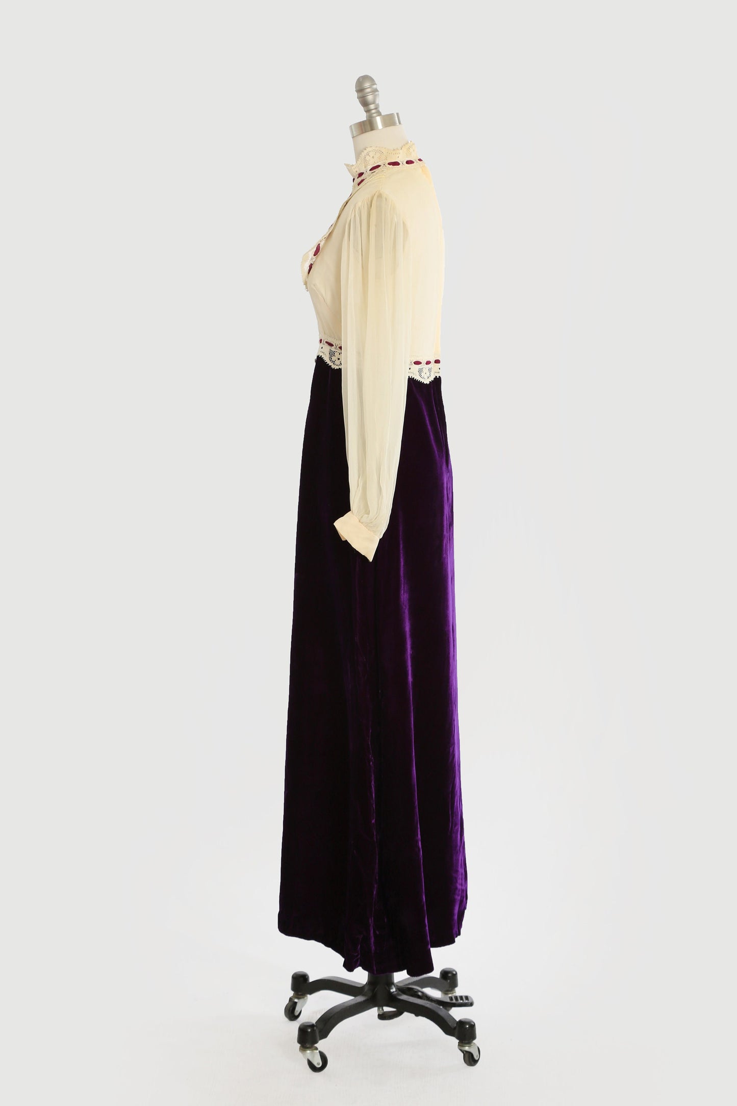 Vintage 70s ivory silk crochet boho purple velvet Maxi dress