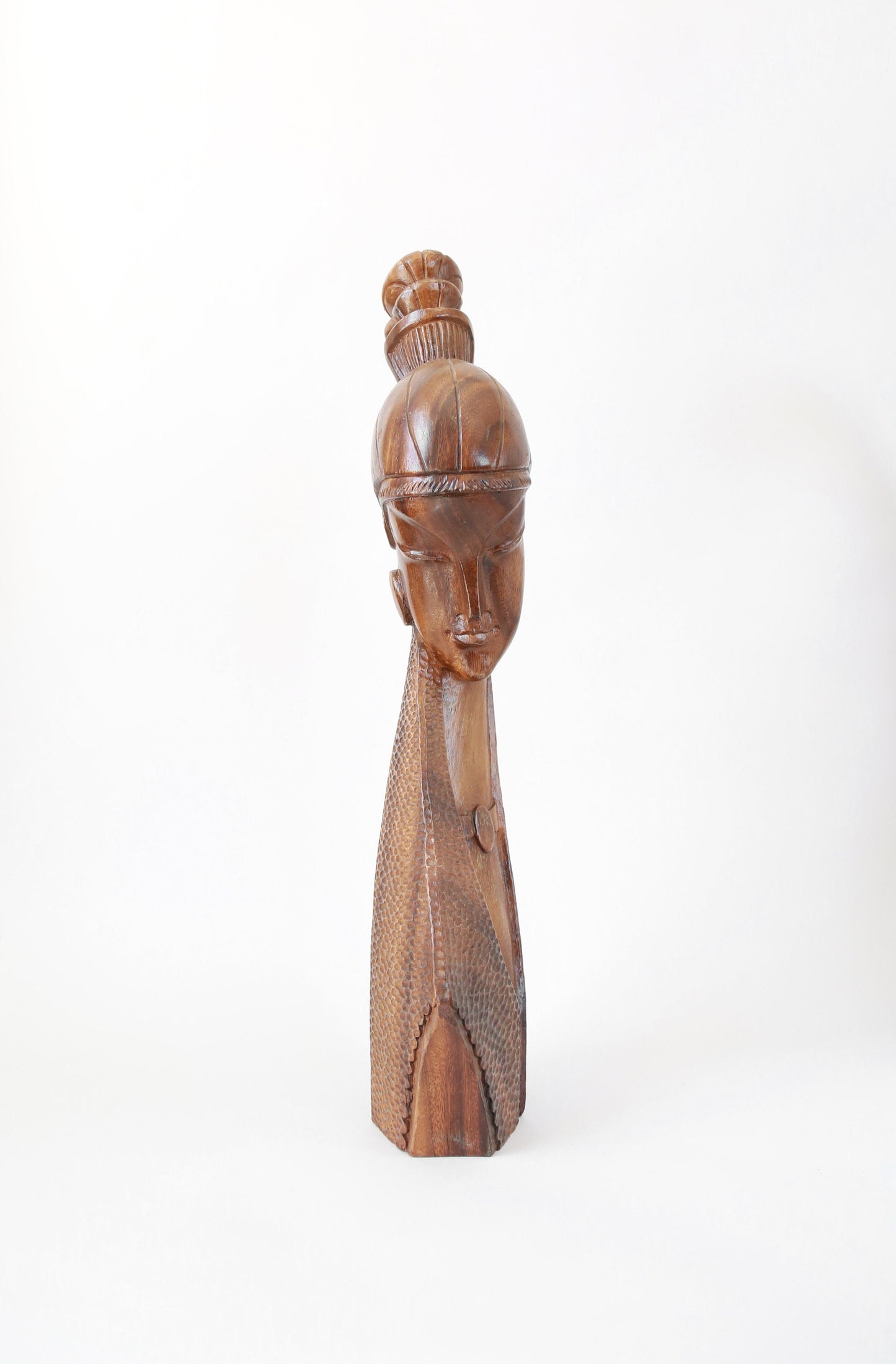 Vintage Mid Century Modern hand carved Monkey Pod Female bust figure | Tiki Bust wood Sculpture