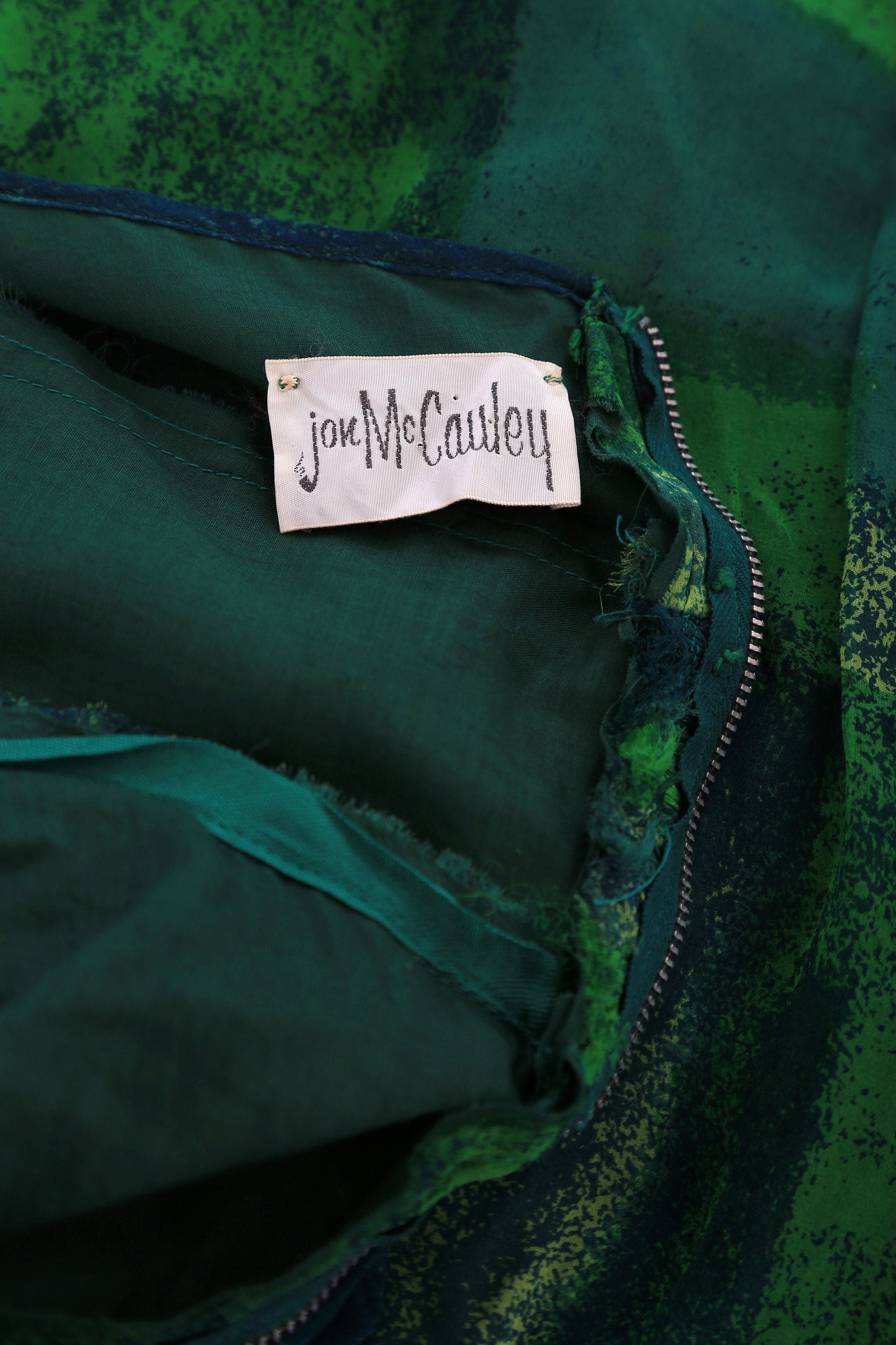 Vintage 50s green silk halter dress | 1950s Jon McCauley abstract silk dress