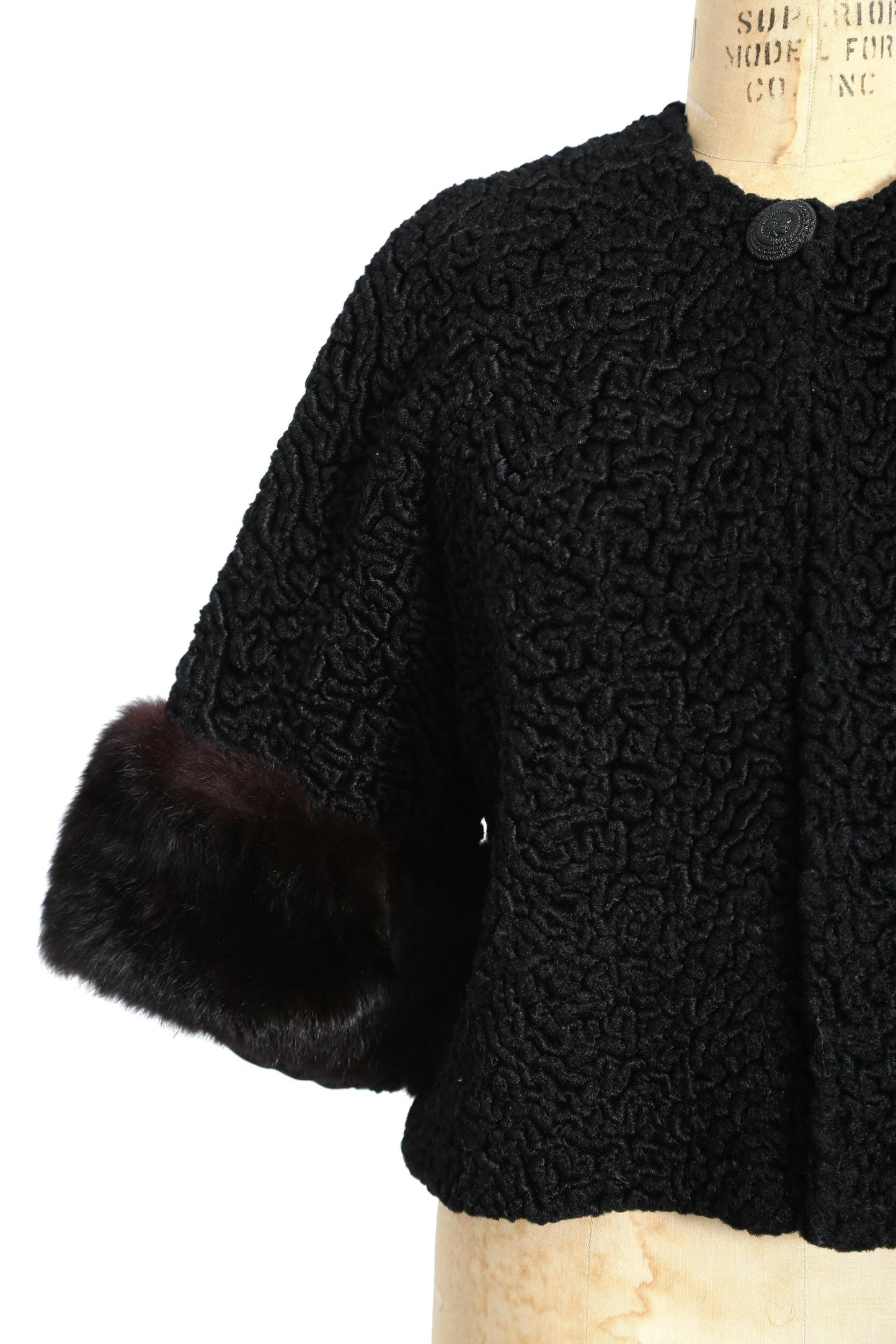 50s faux Persian lamb rabbit fur coat | Vintage 1950s cropped black faux Persian curly Lamb coat + large rabbit fur cuffs