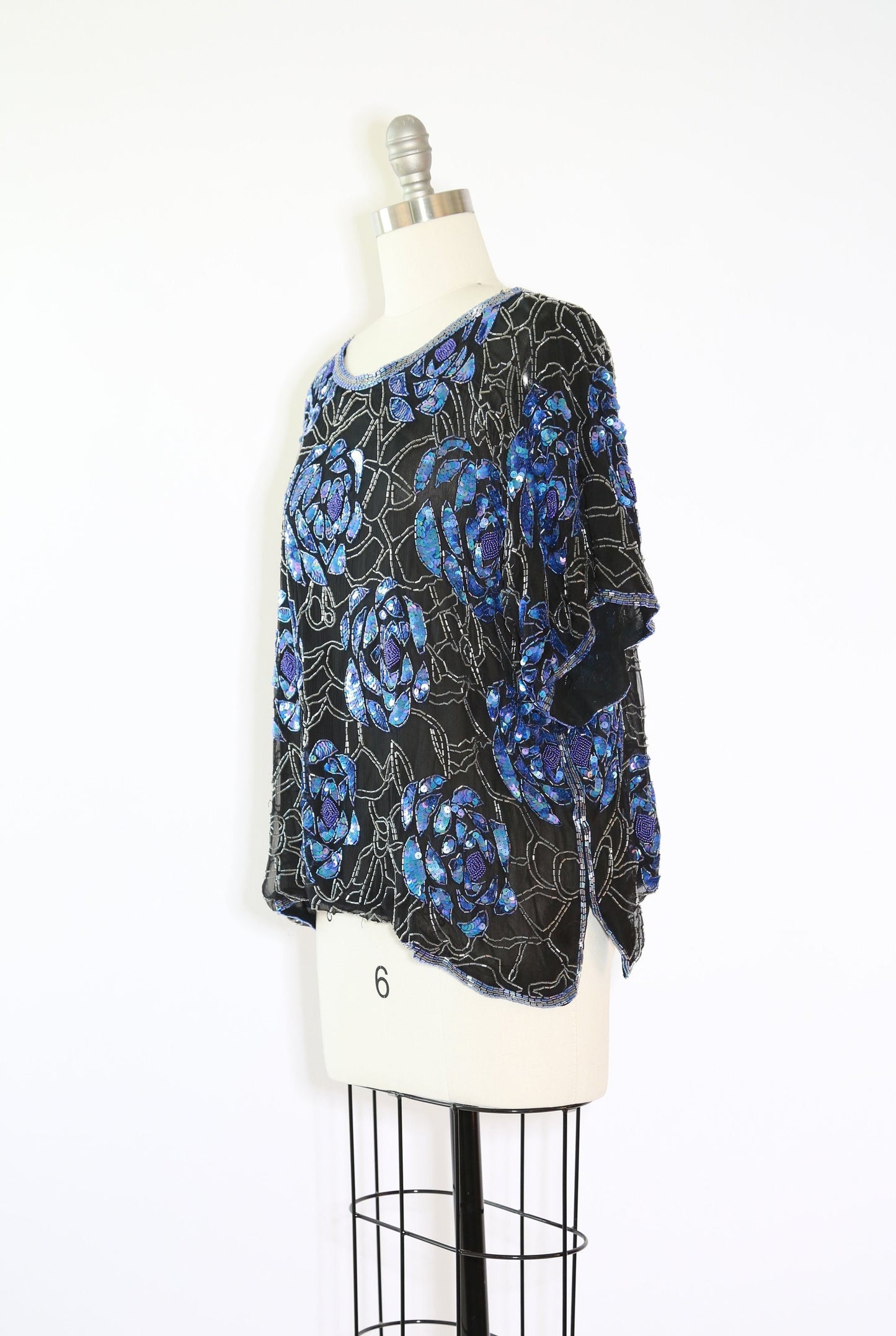 Vintage 80s beaded sequin silk rose blouse M