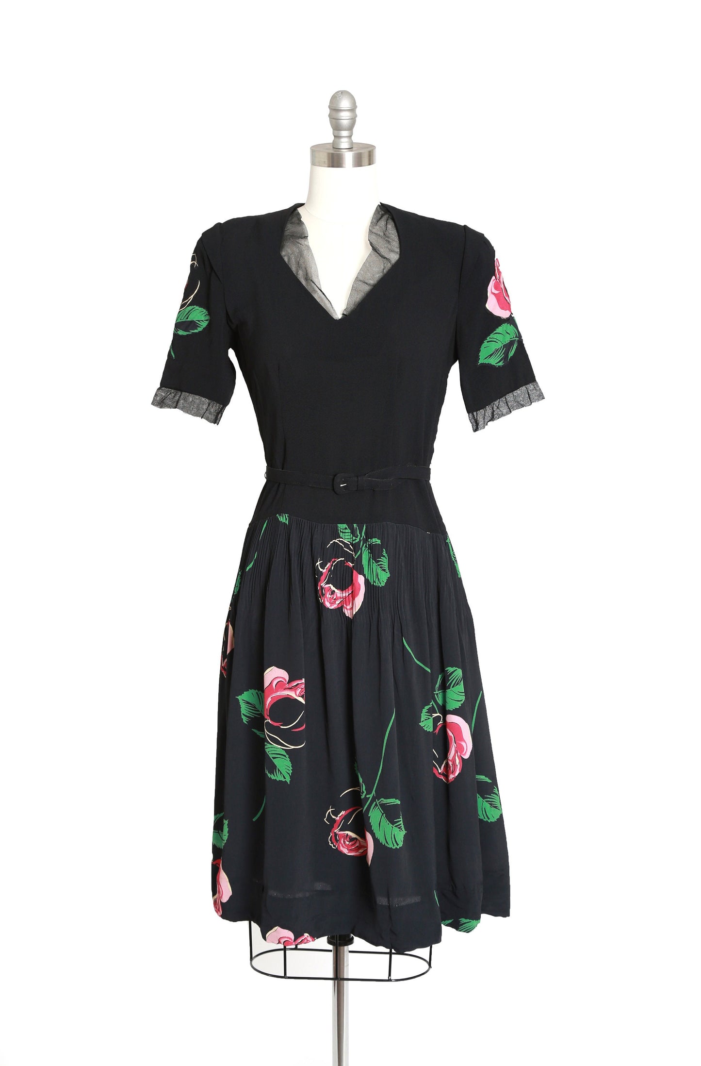 40s rose dress | Vintage 40s black floral Appliqué rose midi dress