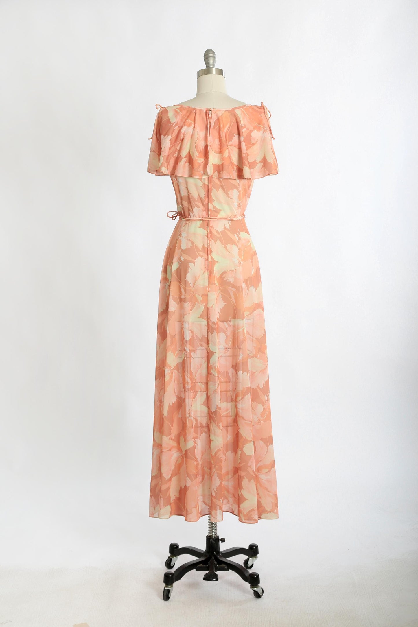 Floral ruffle maxi | Vintage 70s pink semi sheer maxi dress