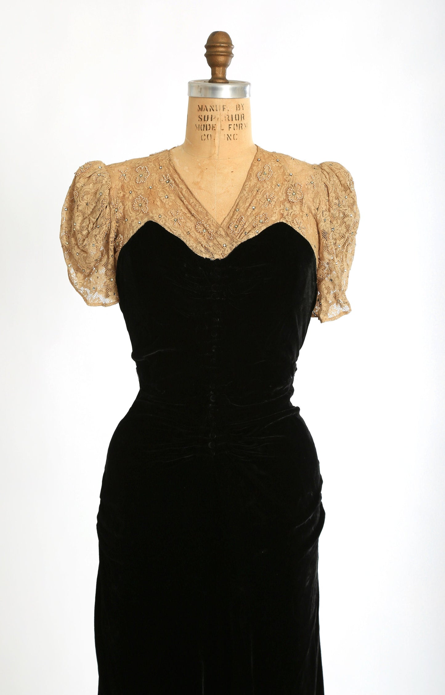 Antique Vintage 1930s black velvet floral rhinestone lace dress