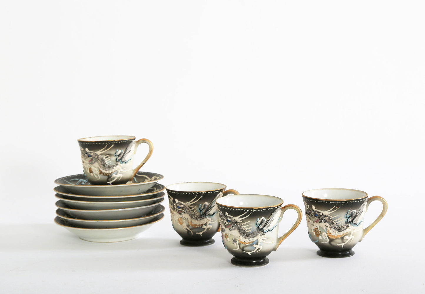 Antique Vintage 1940s 3D dragon hand painted Tea + Coffee set Japan