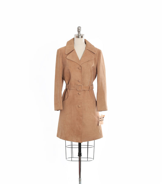 Vintage 70s suede leather trench coat | 1970s deadstock Golden State camel coat