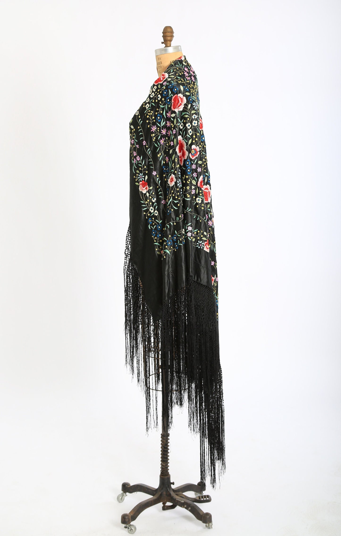 Antique Vintage 1920s silk hand embroidered floral piano shawl