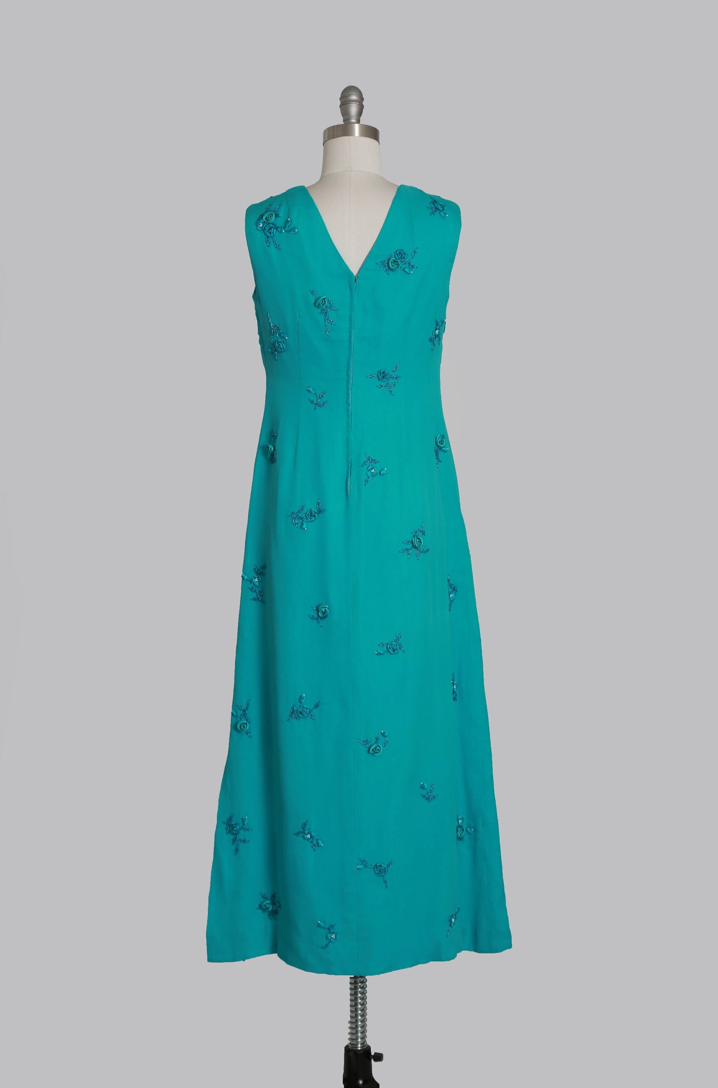 Vintage 60s blue silk hand beaded 3D floral maxi dress