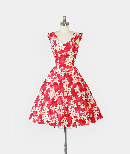 Hawaiian dress | Vintage 90s 50s pink tropical floral Plumeria fit and flare cotton dress