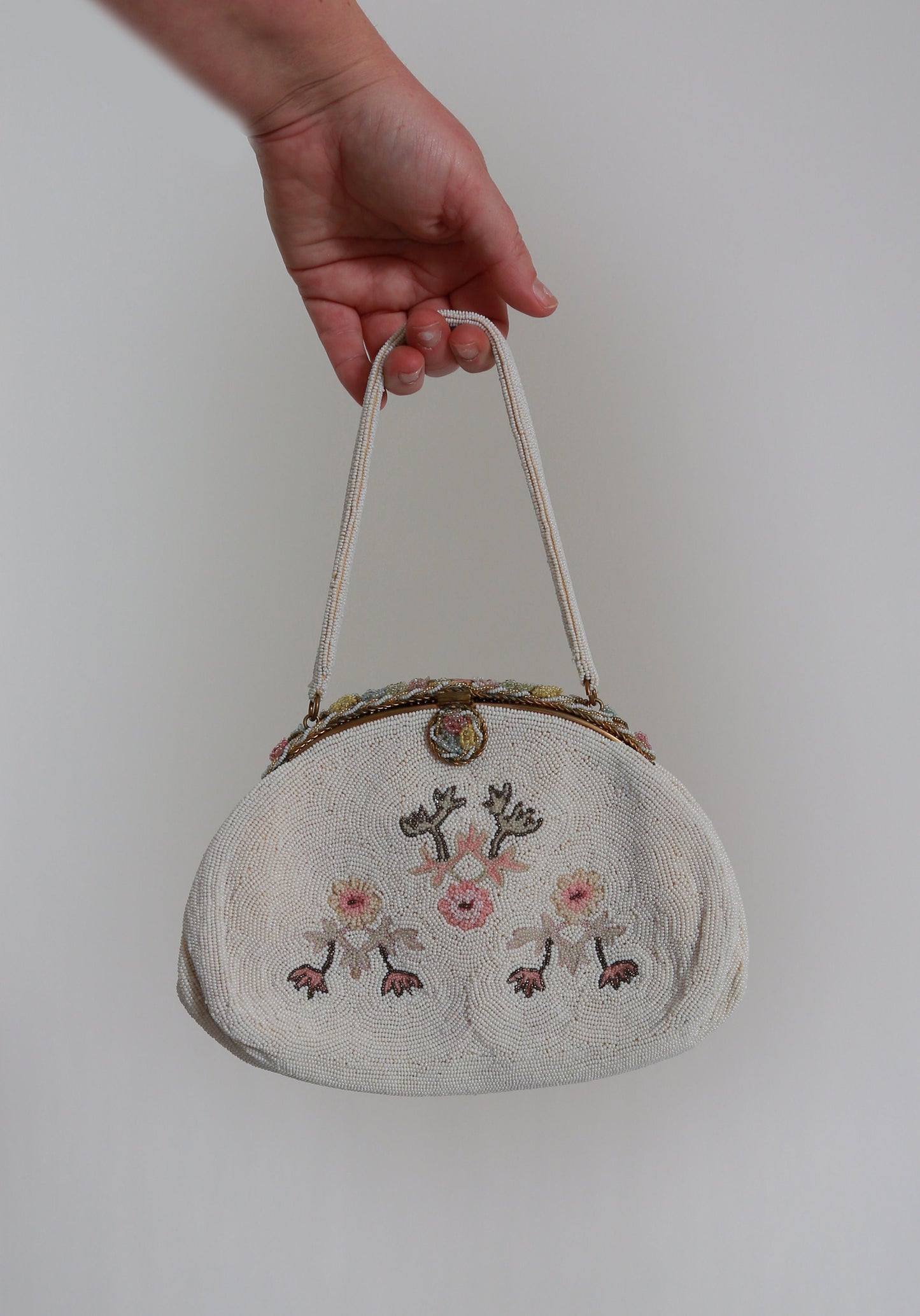 Antique vintage 1930s French micro glass hand beaded floral enameled purse