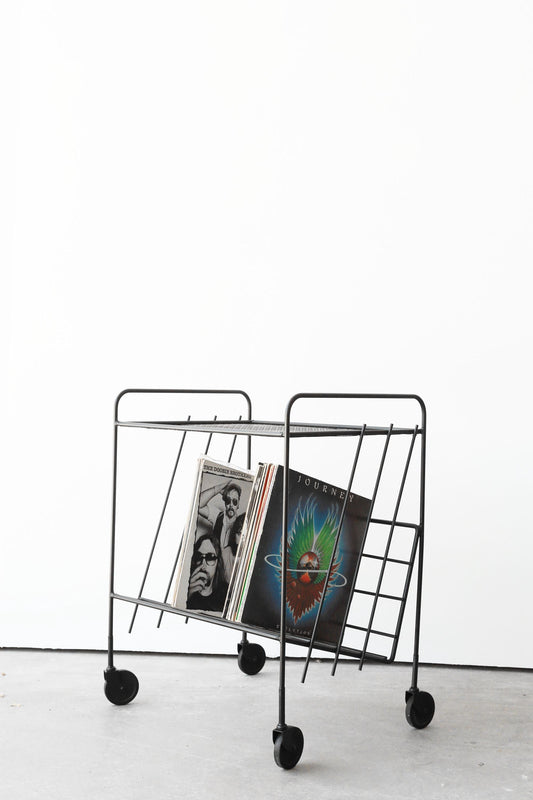 Vintage Mid Century Modern black metal record cart
