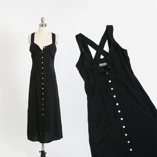 Vintage 90s black linen strappy back maxi dress