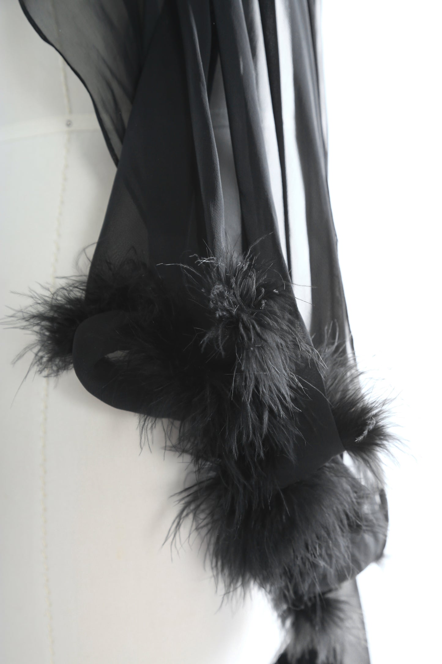 50s Black chiffon Ostrich feather wrap scarf