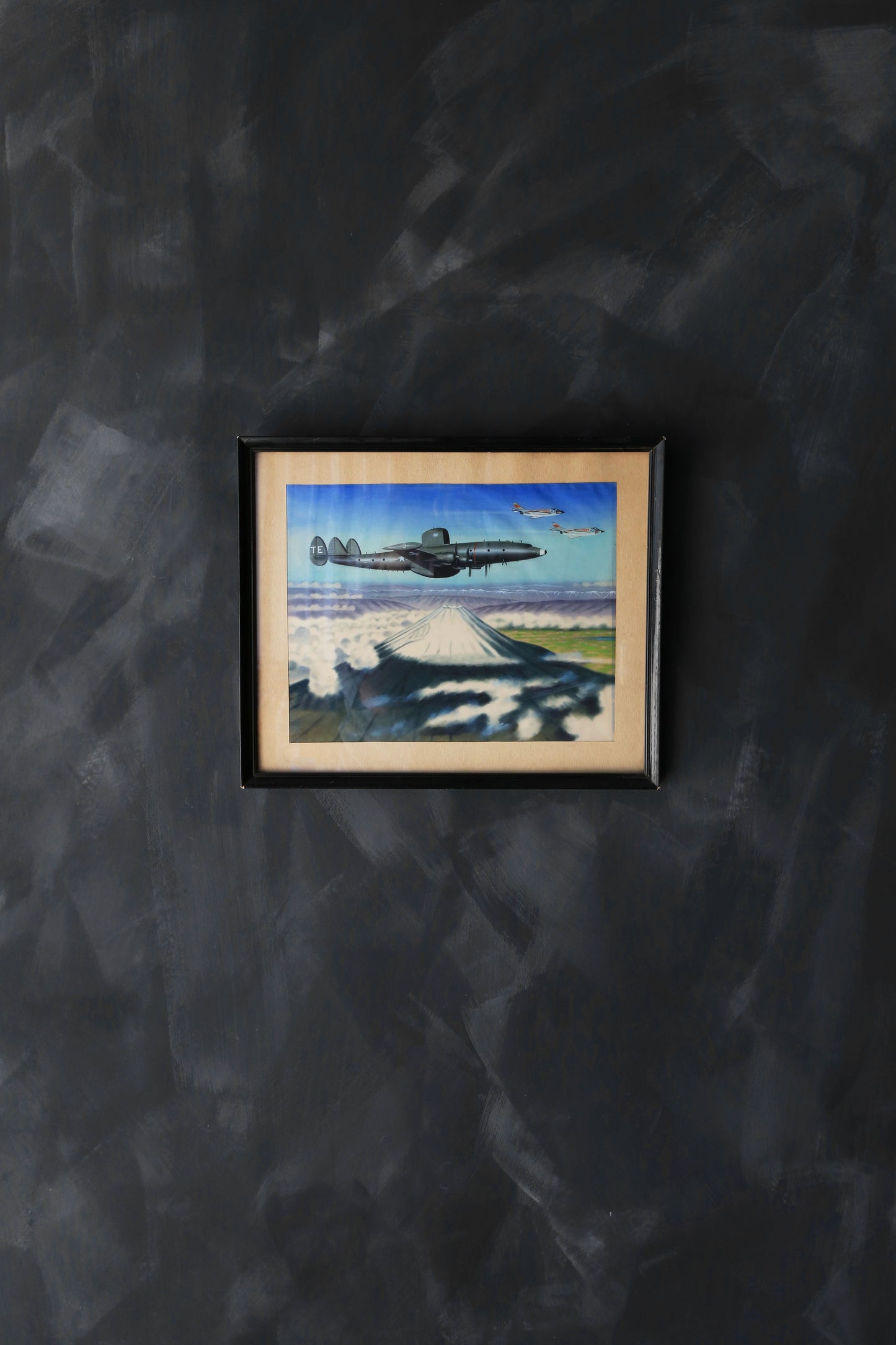 WWII Military Lockheed constellation Aircraft Mount Fuji screen print framed painting