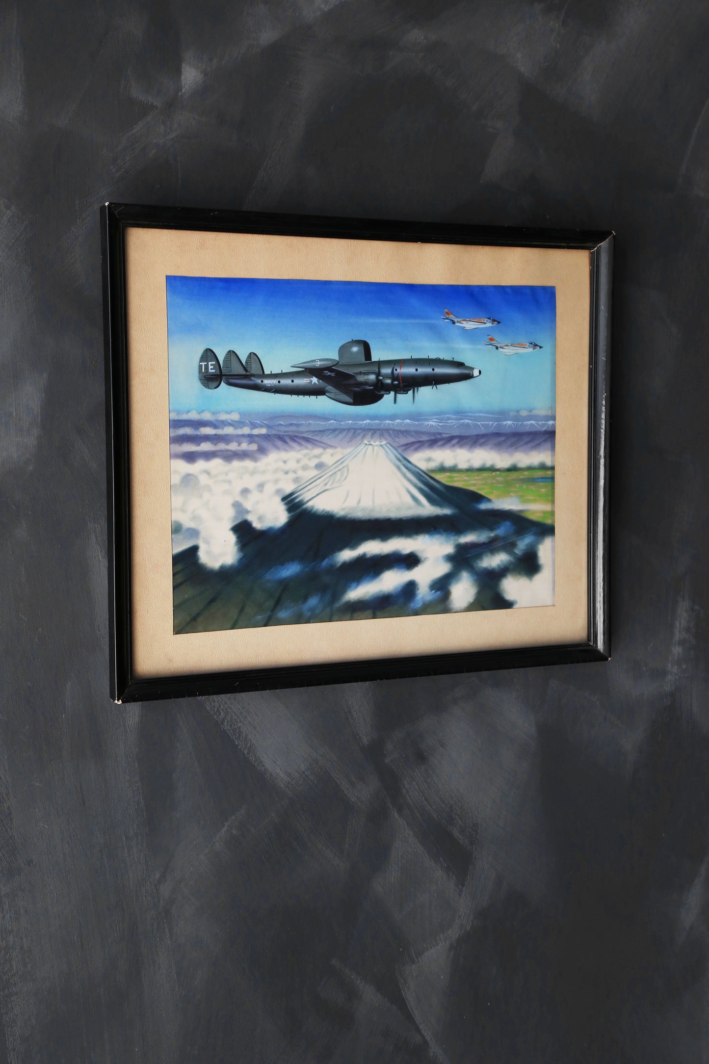 WWII Military Lockheed constellation Aircraft Mount Fuji screen print framed painting