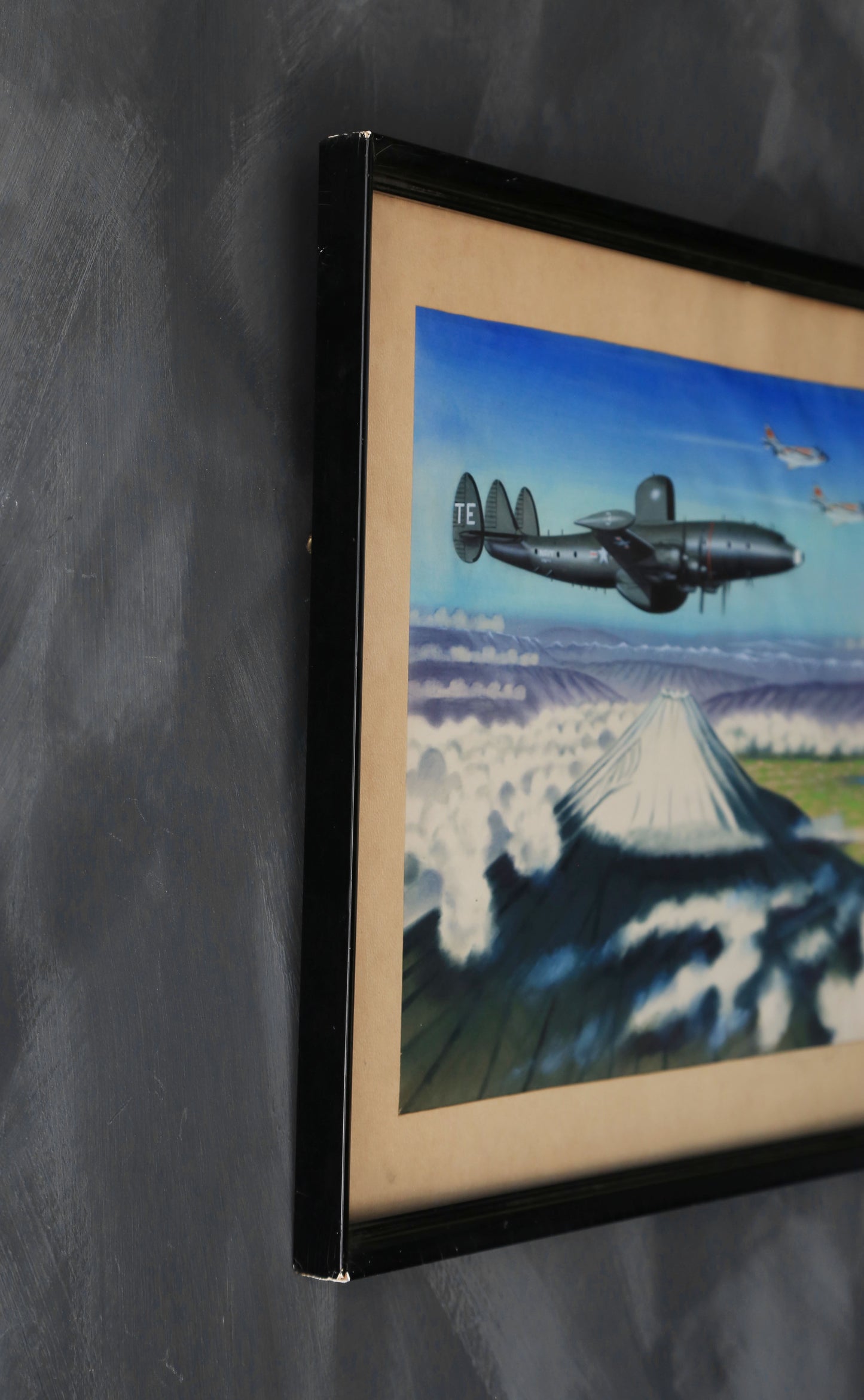 WWII Military Lockheed constellation Aircraft Mount Fuji screen print framed painting