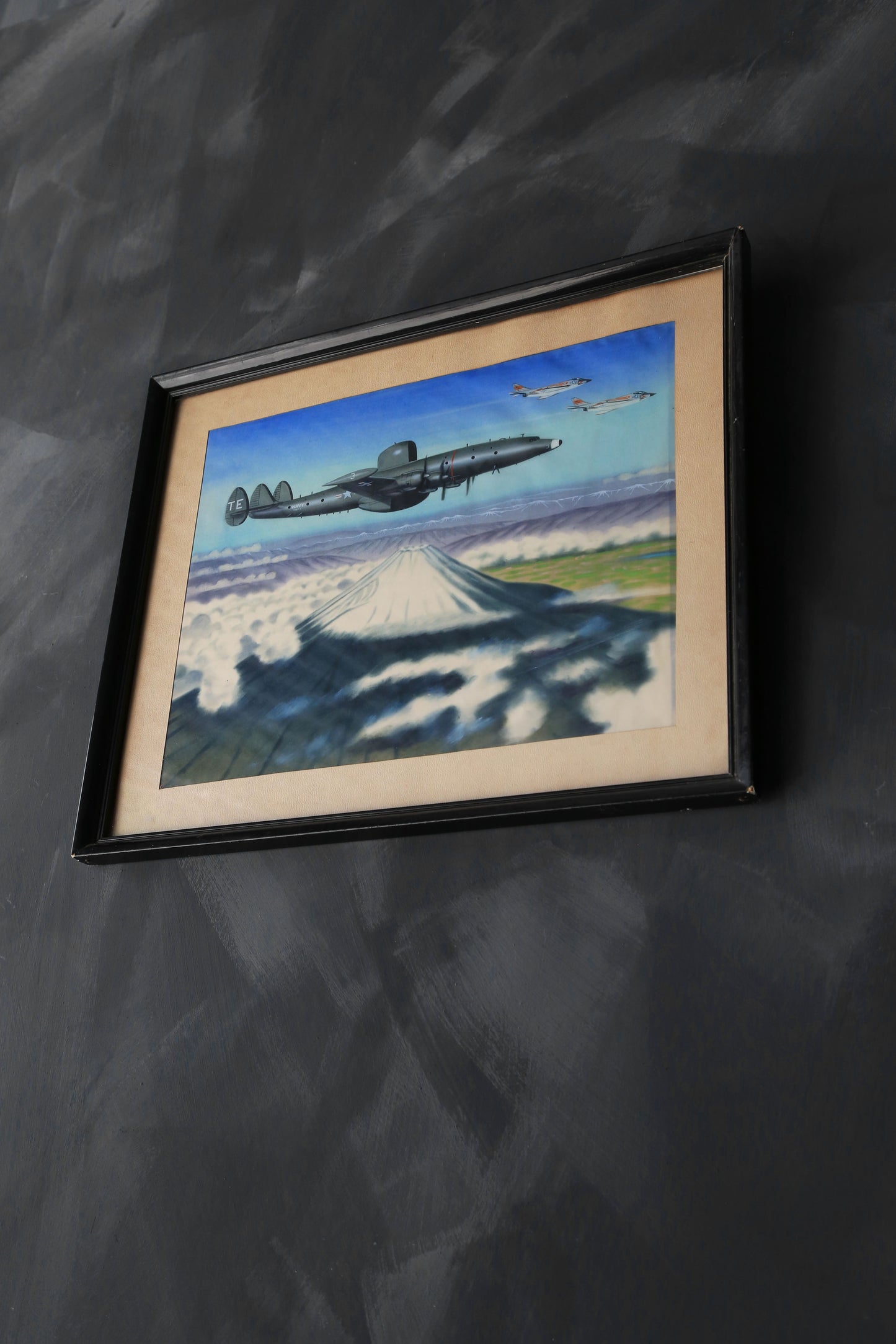 WWII Military Lockheed constellation Aircraft Mount Fuji screen print framed painting