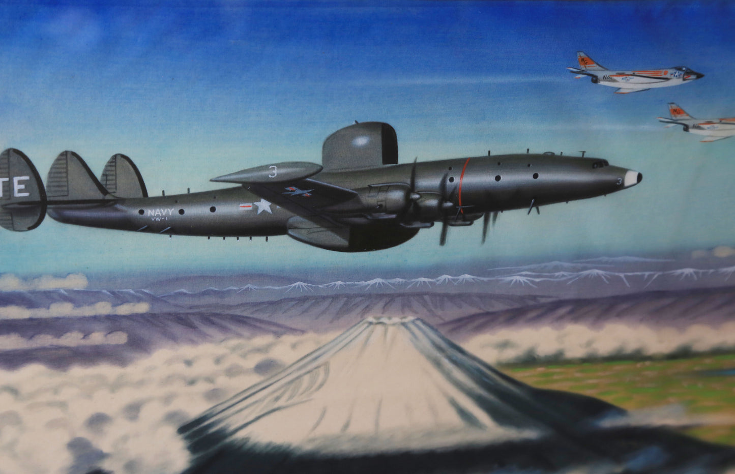 WWII Military Lockheed constellation Aircraft Mount Fuji screen print framed painting