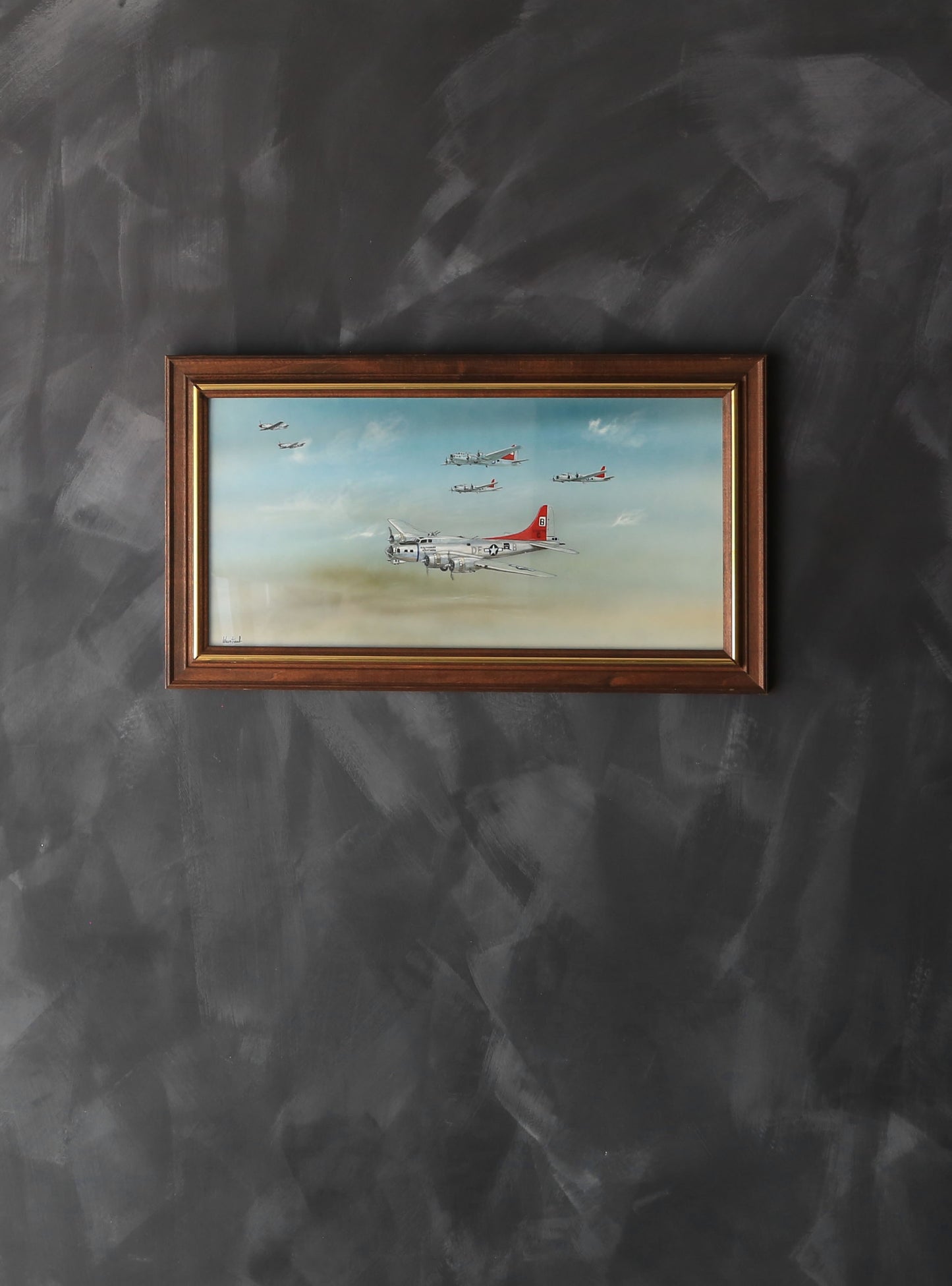 WWII Aviation Military B-17 Flying Fortress framed oil painting signed Weintrau