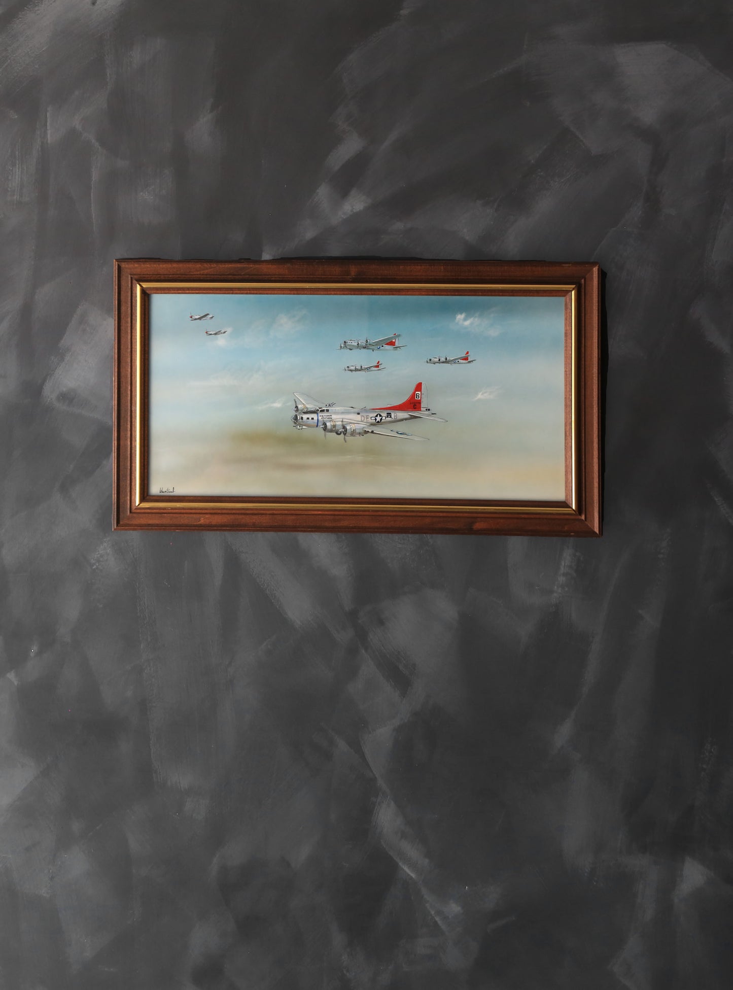 WWII Aviation Military B-17 Flying Fortress framed oil painting signed Weintrau