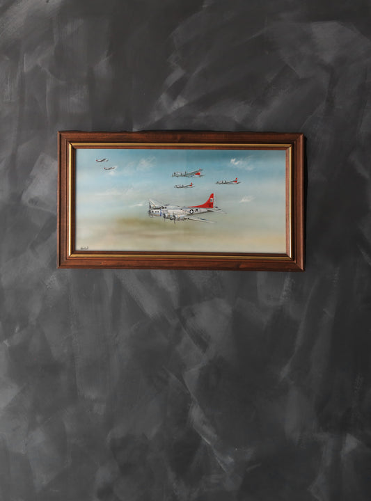 WWII Aviation Military B-17 Flying Fortress framed oil painting signed Weintrau