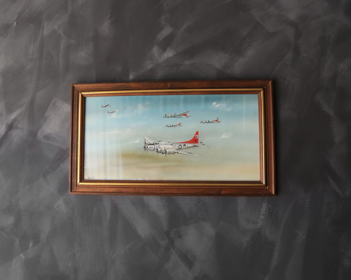 WWII Aviation Military B-17 Flying Fortress framed oil painting signed Weintrau