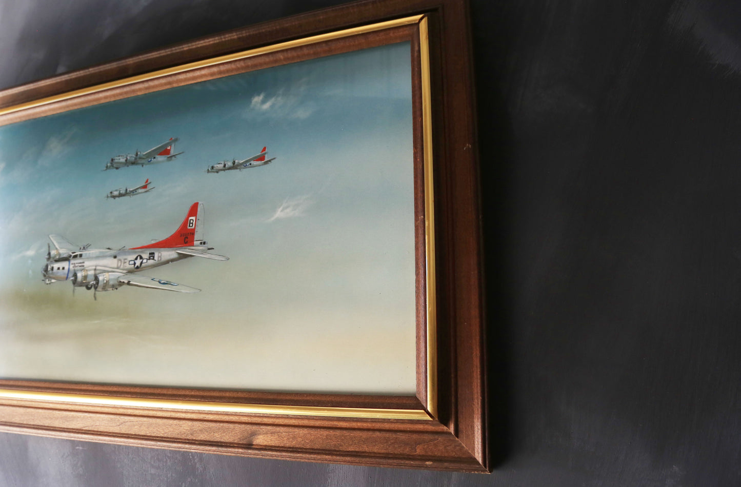 WWII Aviation Military B-17 Flying Fortress framed oil painting signed Weintrau