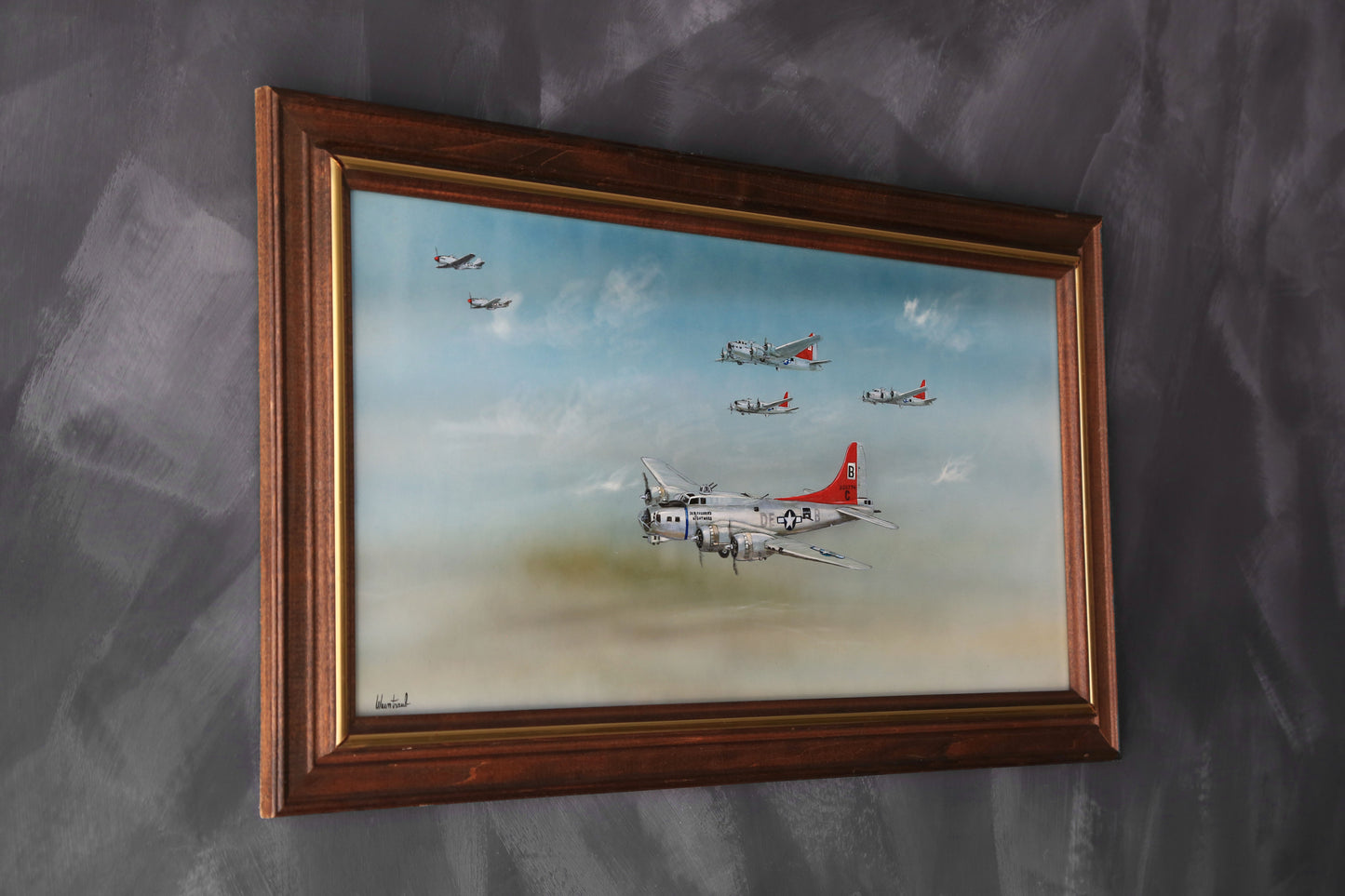 WWII Aviation Military B-17 Flying Fortress framed oil painting signed Weintrau
