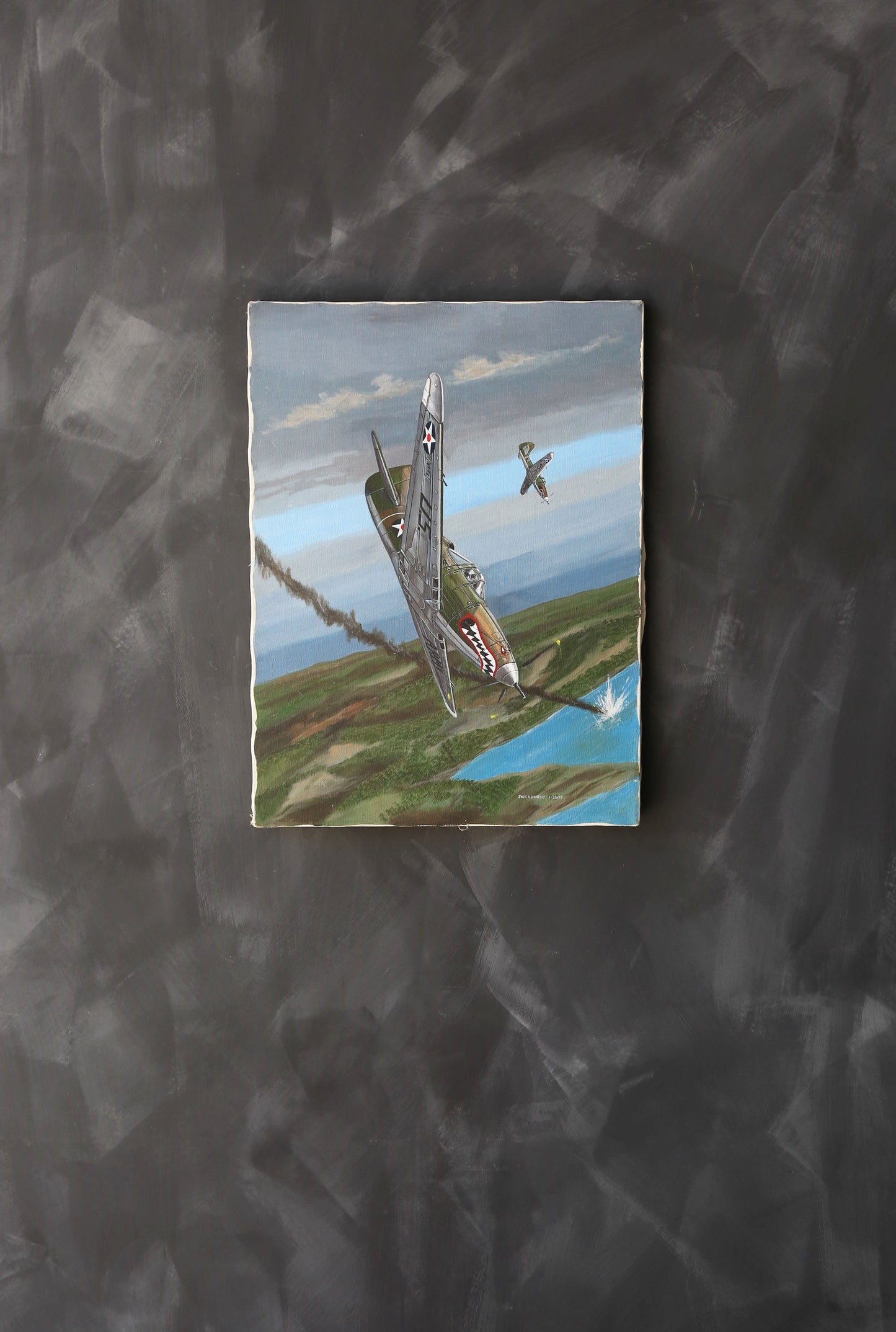 Vintage Jack Connelly P 39 Airacobra Aviation Military dogfight acrylic painting signed