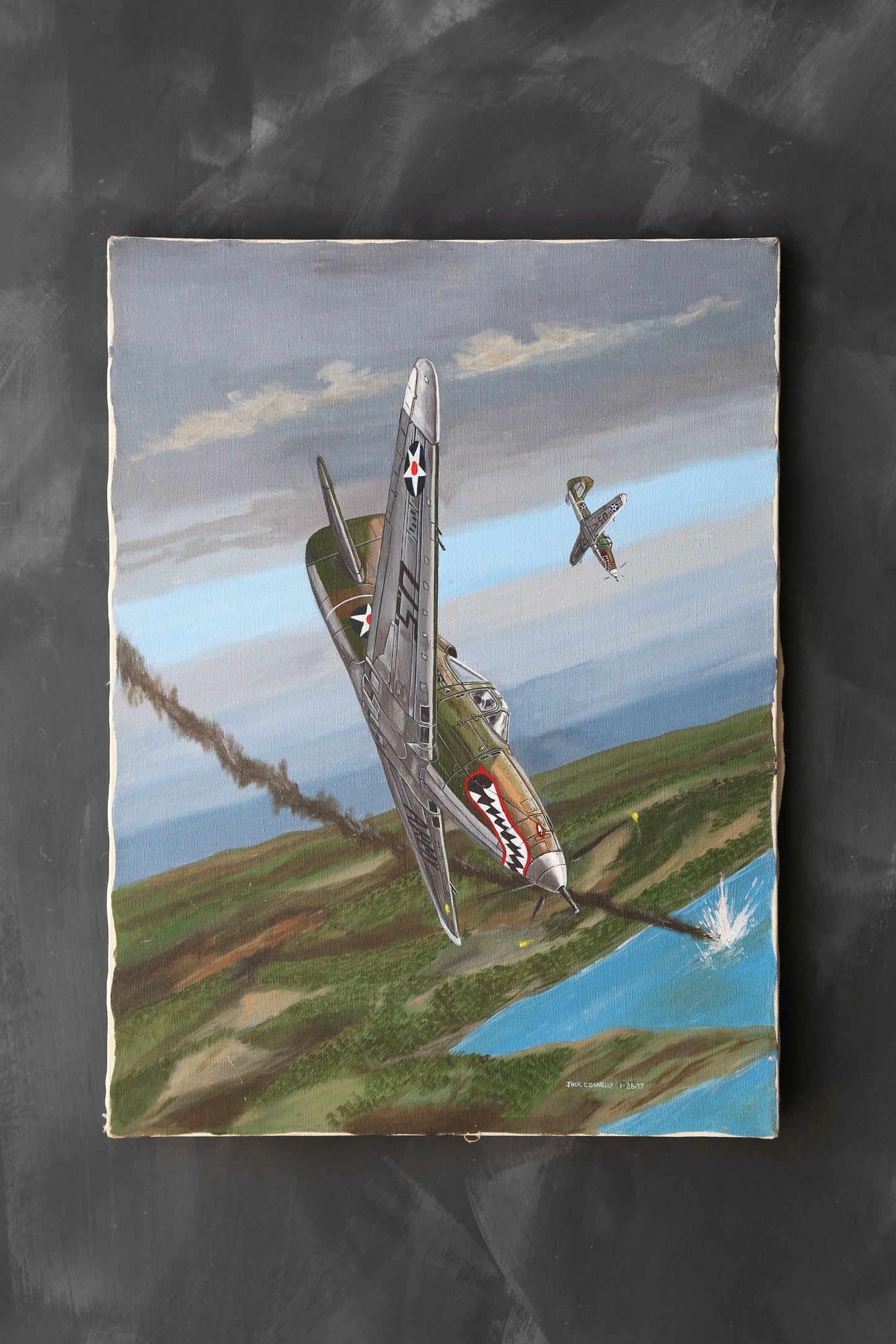 Vintage Jack Connelly P 39 Airacobra Aviation Military dogfight acrylic painting signed