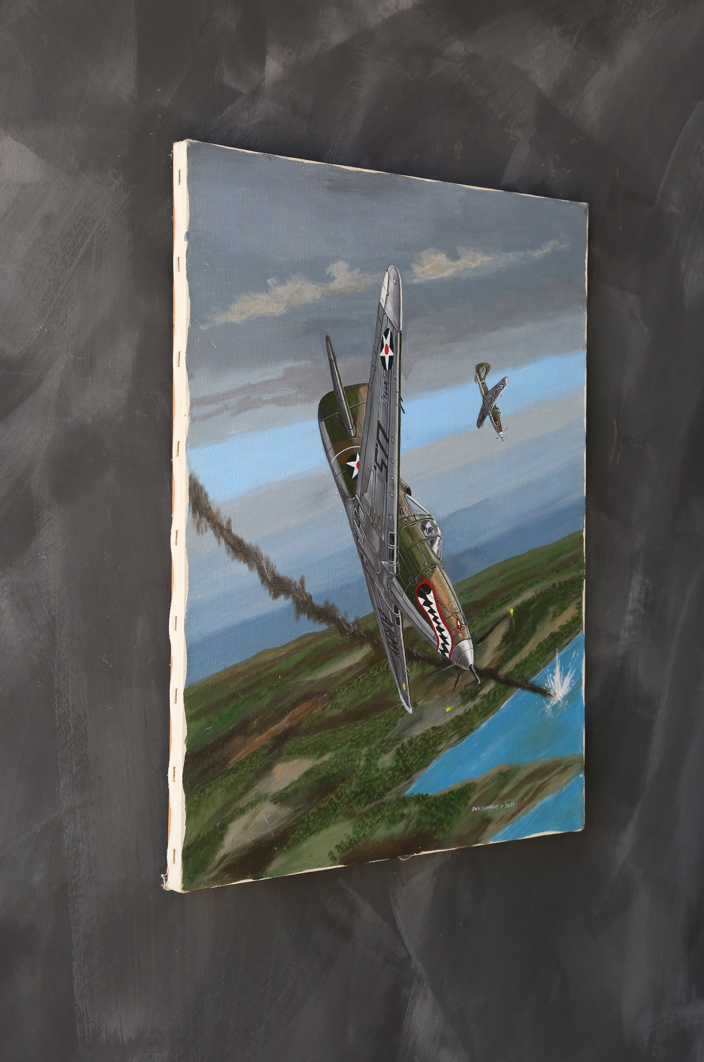 Vintage Jack Connelly P 39 Airacobra Aviation Military dogfight acrylic painting signed