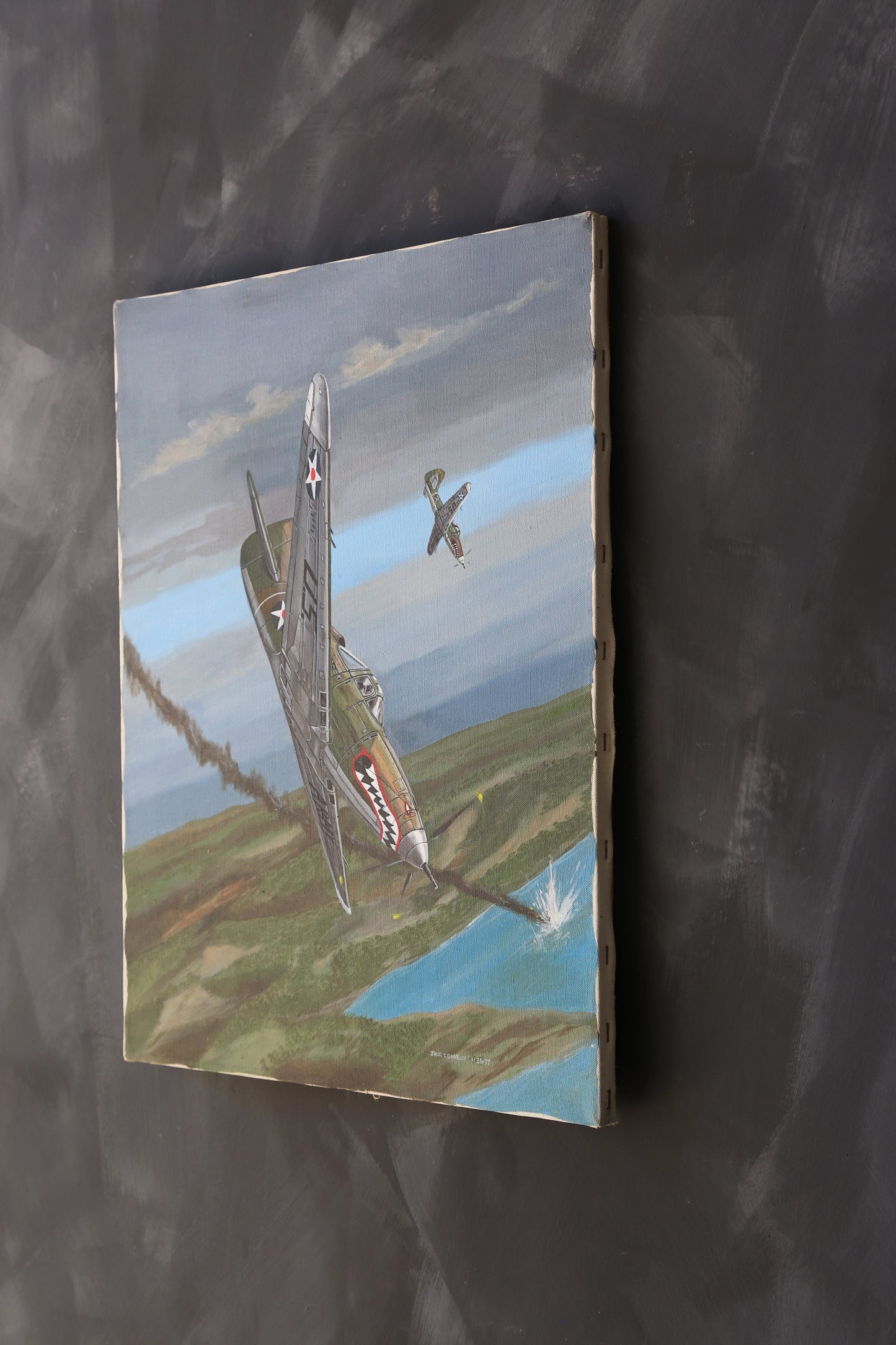 Vintage Jack Connelly P 39 Airacobra Aviation Military dogfight acrylic painting signed
