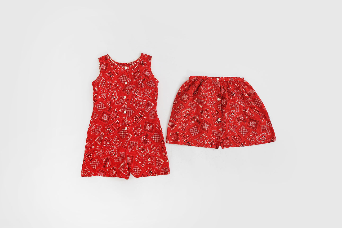 60s Red cotton Bandana Romper 2pc Skirt set