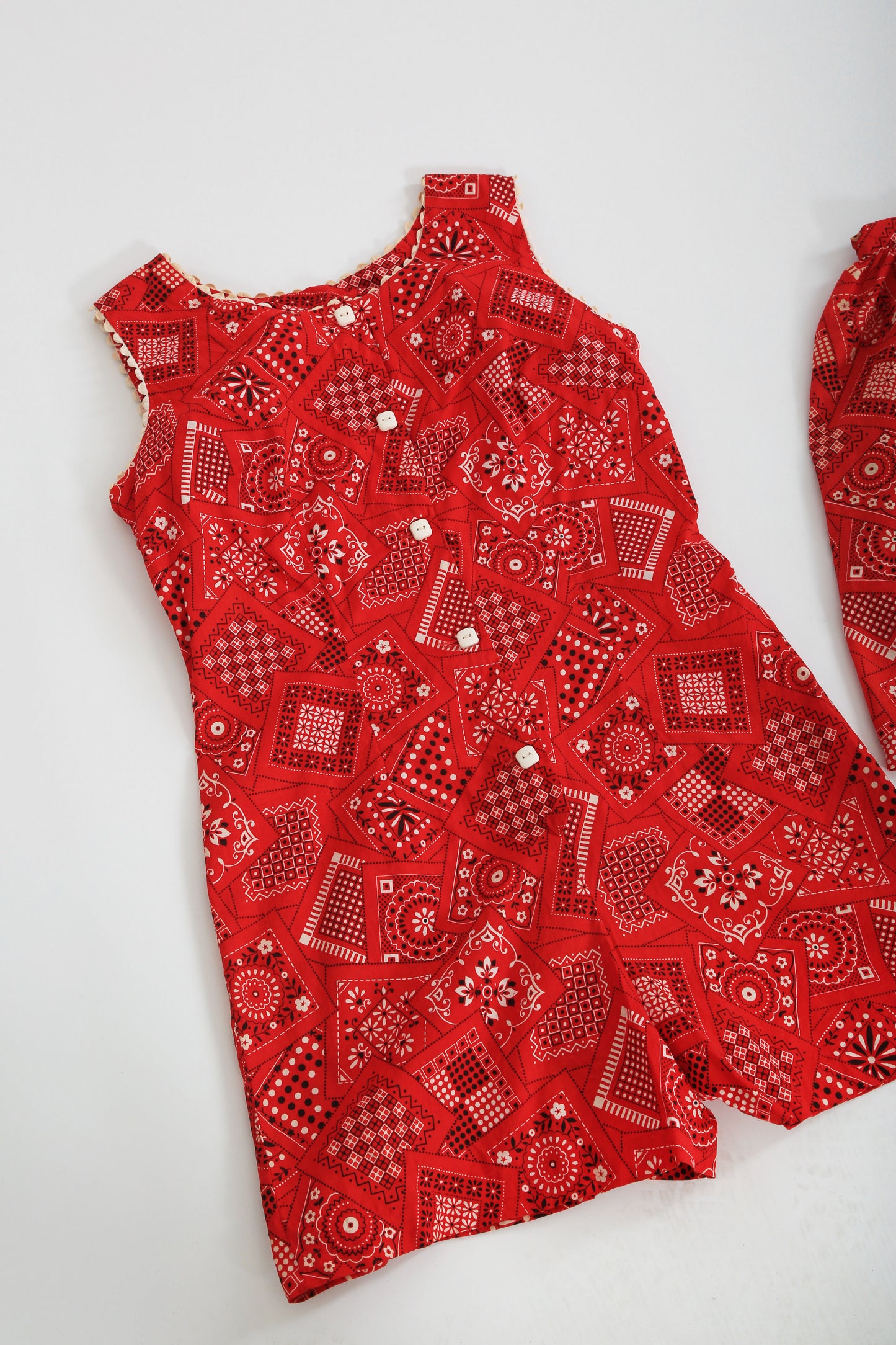 60s Red cotton Bandana Romper 2pc Skirt set