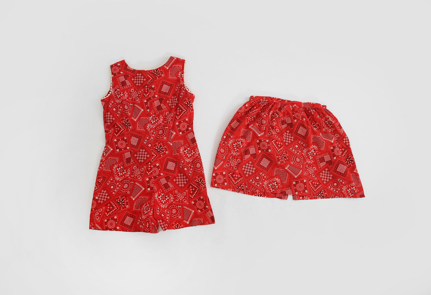 60s Red cotton Bandana Romper 2pc Skirt set