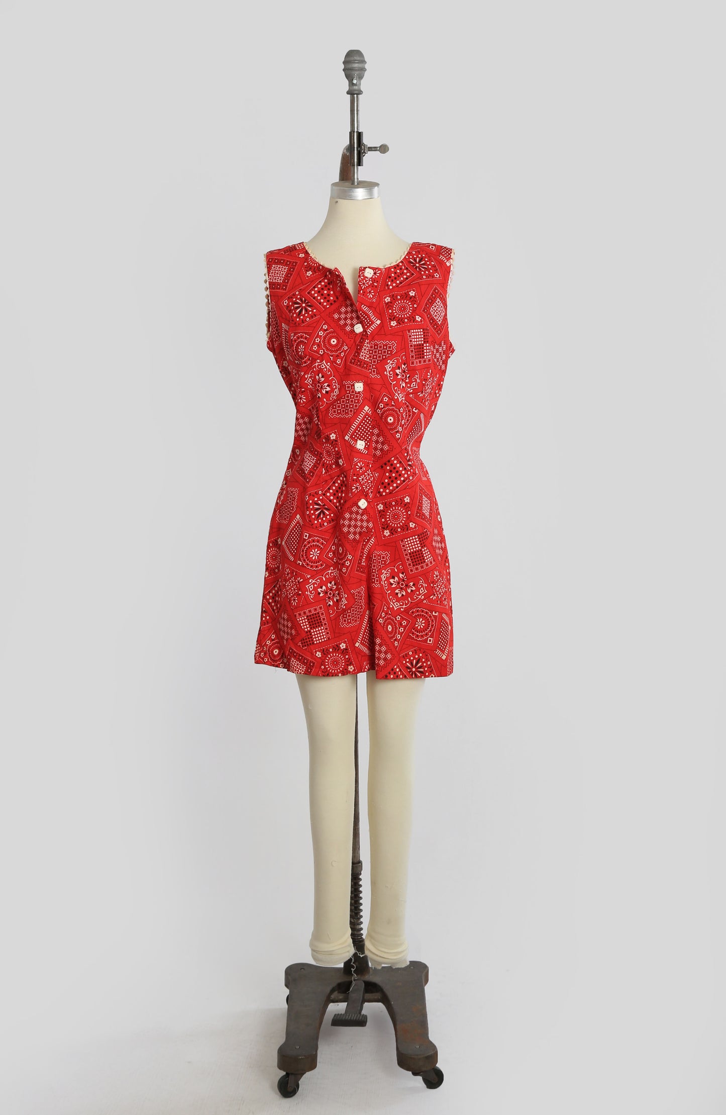 60s Red cotton Bandana Romper 2pc Skirt set