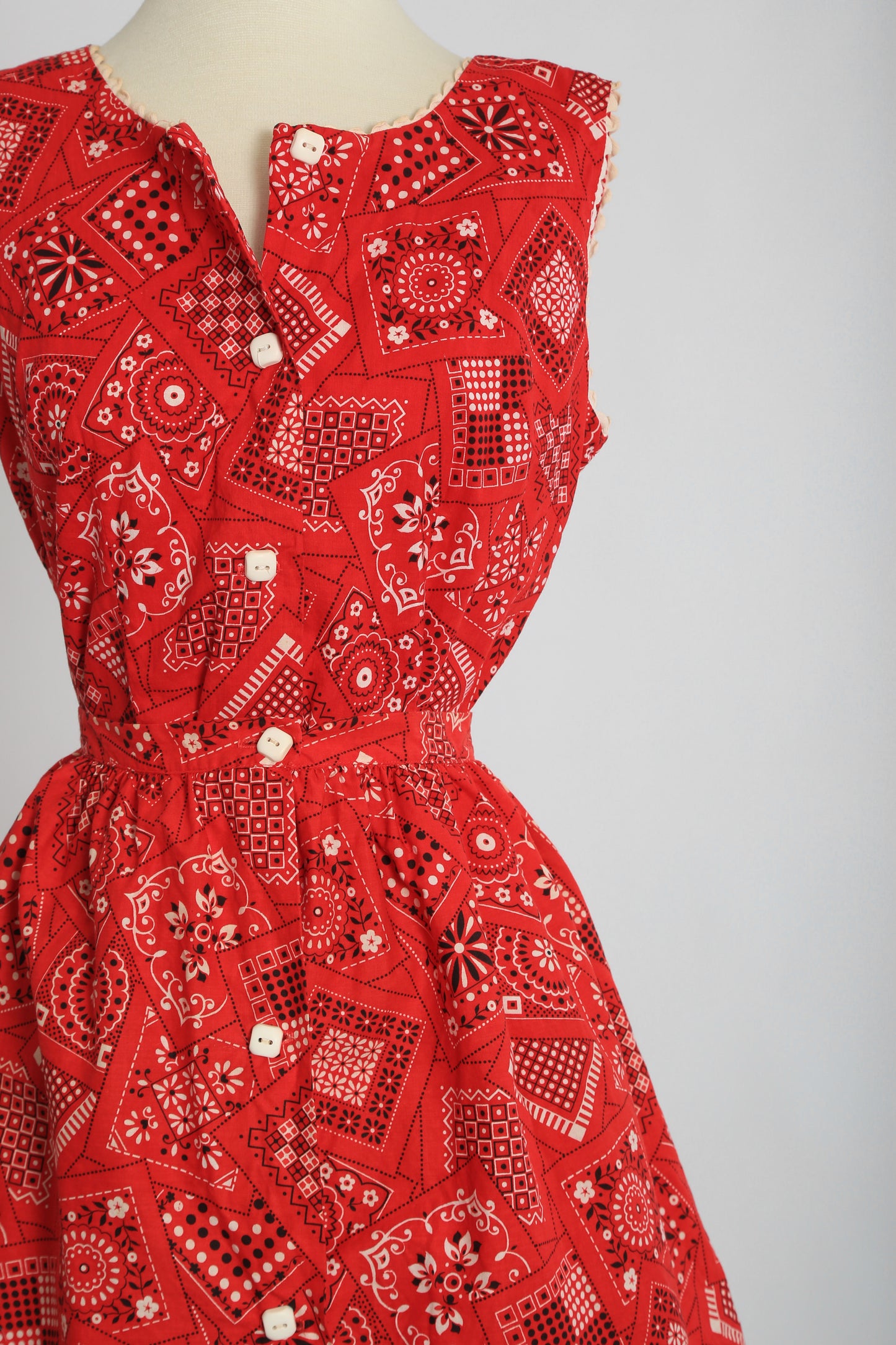 60s Red cotton Bandana Romper 2pc Skirt set