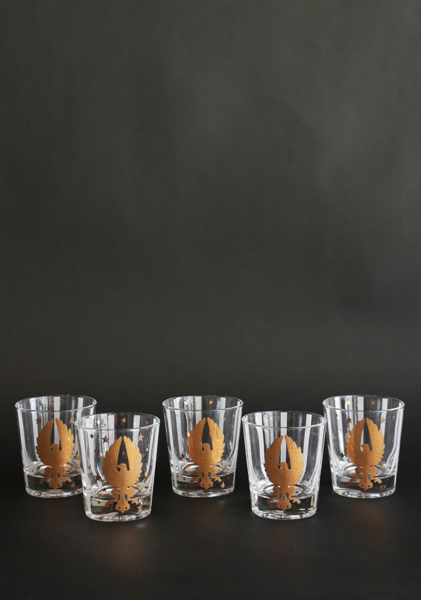 Vintage Gay Fad Americana 22K gold Gilt Eagles Stars & Stripes whisky glasses Set of 5