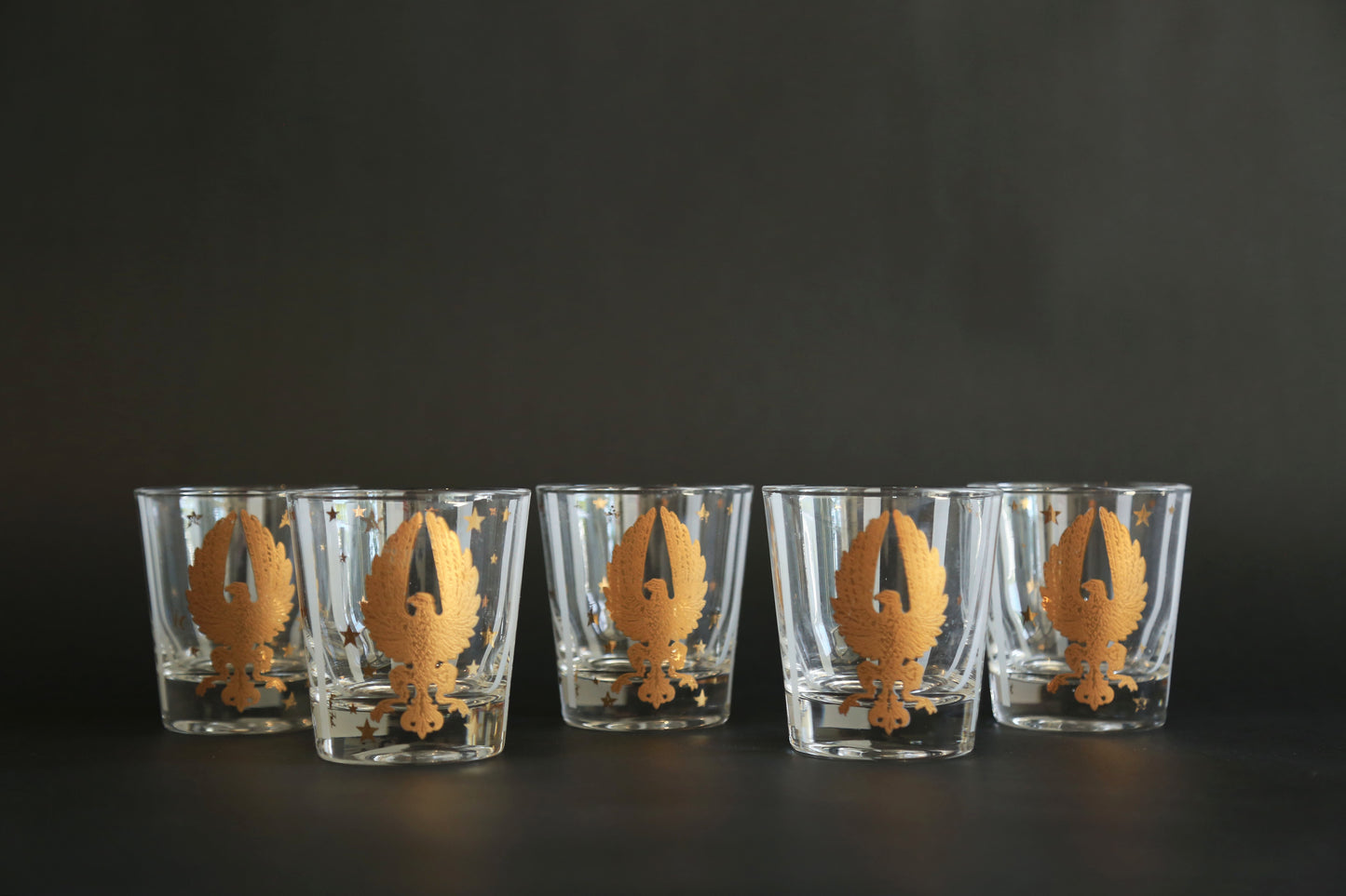 Vintage Gay Fad Americana 22K gold Gilt Eagles Stars & Stripes whisky glasses Set of 5