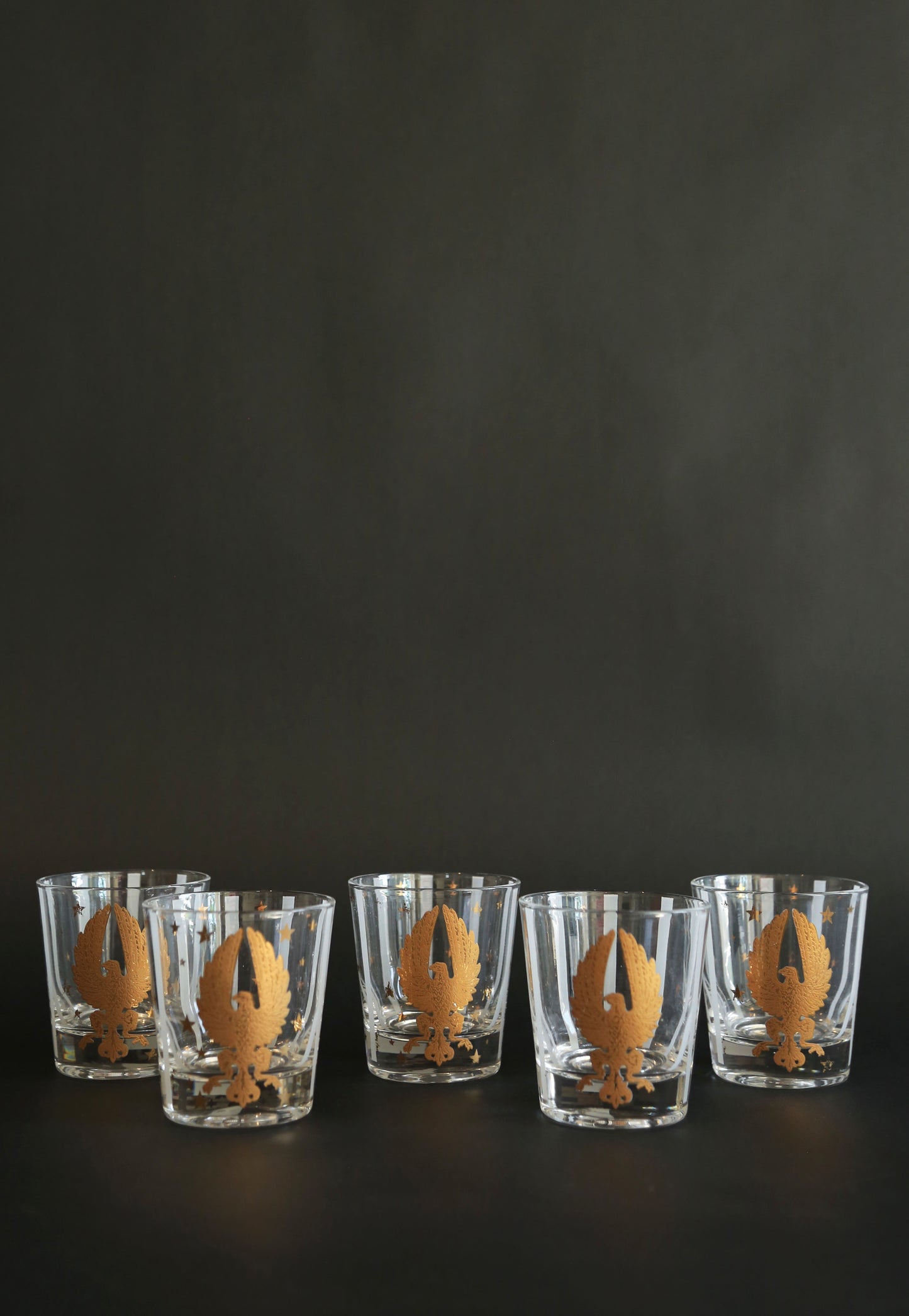 Vintage Gay Fad Americana 22K gold Gilt Eagles Stars & Stripes whisky glasses Set of 5