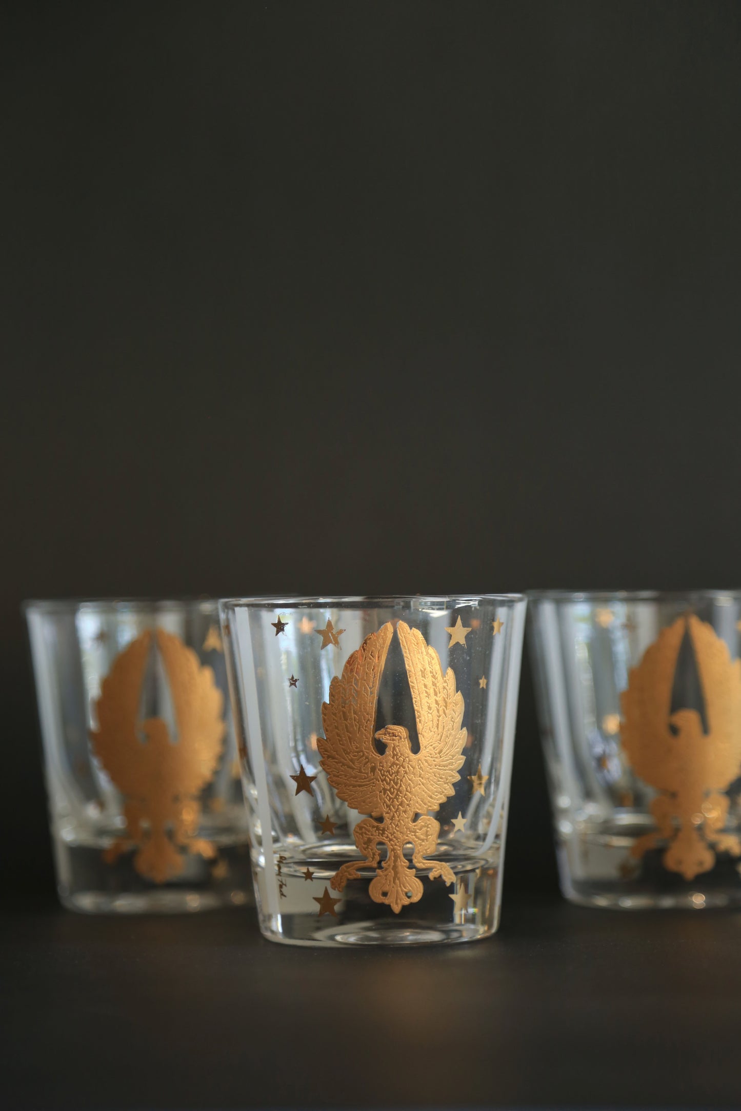 Vintage Gay Fad Americana 22K gold Gilt Eagles Stars & Stripes whisky glasses Set of 5