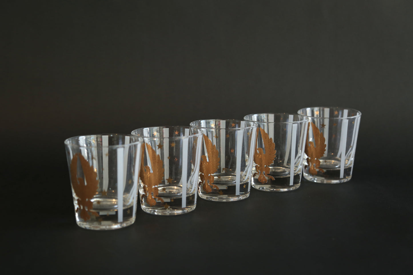 Vintage Gay Fad Americana 22K gold Gilt Eagles Stars & Stripes whisky glasses Set of 5